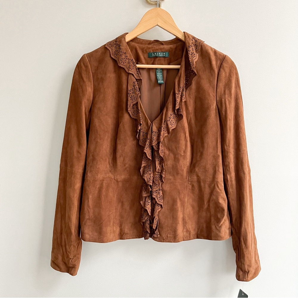 Lauren Ralph Lauren Suede Laser Cut Ruffle Button Front Cinched Blazer Tobacco 4
